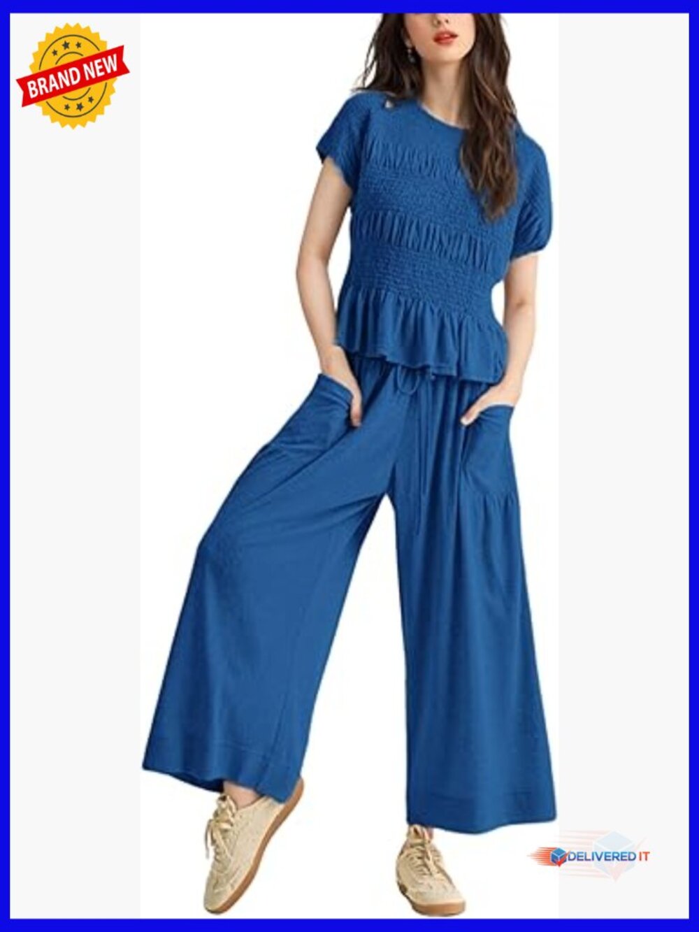 Womens 2 Piece Smocked Top Wide-Leg Pants Set with Pockets Casual Boho Lounge